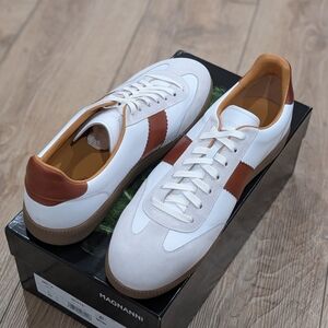 $498 Mens Magnanni "Meta" Leather Low-Top Sneakers White/Cognac US 11